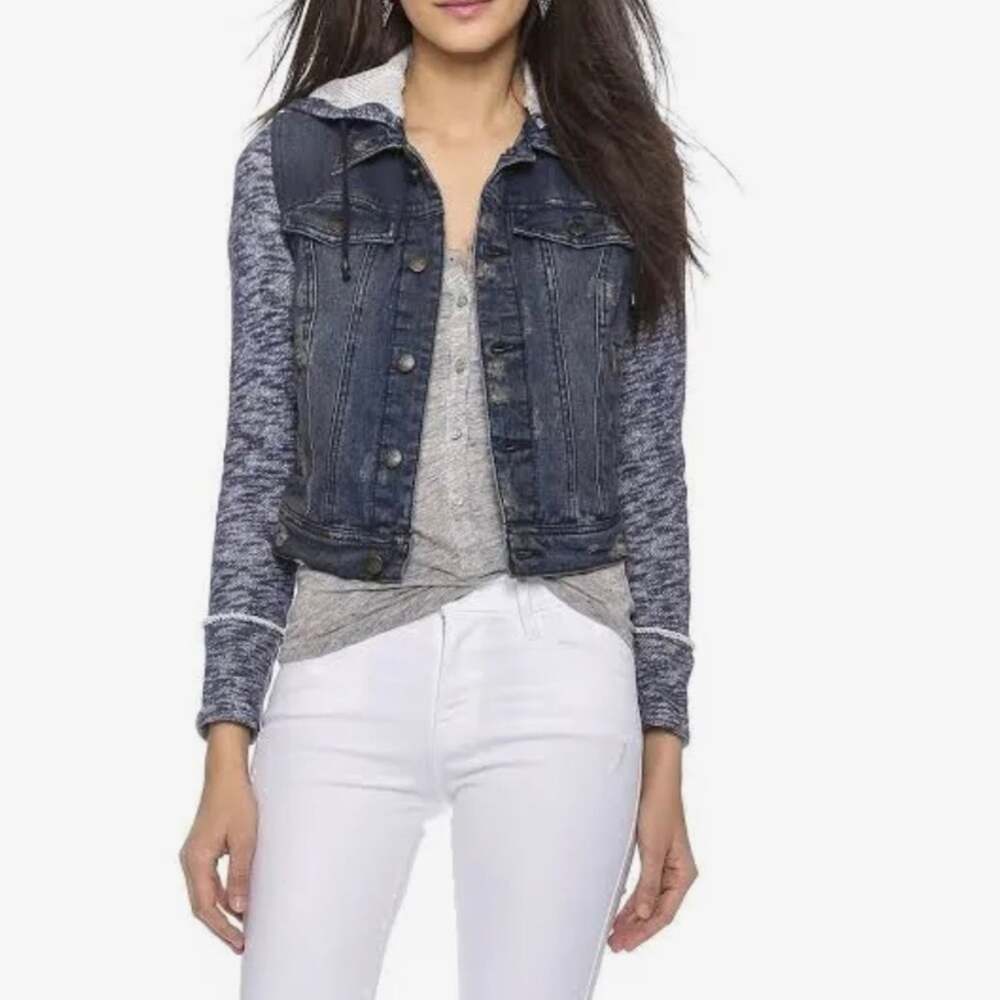 Free People jacket women's small denim rib knit distressed button front gray